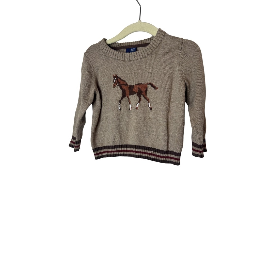 Janie And Jack Sweater Boys 12-18 Months Beige Horse Intarsia Pullover Knit
